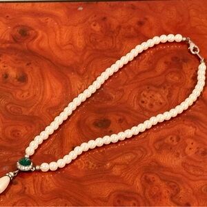 Classic Pearl Necklace with Green Gemstone